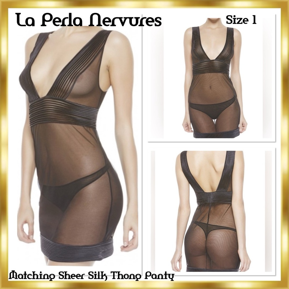 La Perla Nervures Sheer Silk Ribbed Satin Black Slip Chemise with Thong panty XS